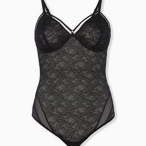 Torrid Curve Black Lace Mesh Strappy Bodysuit Womens Plus 1 Black Semi Sheer